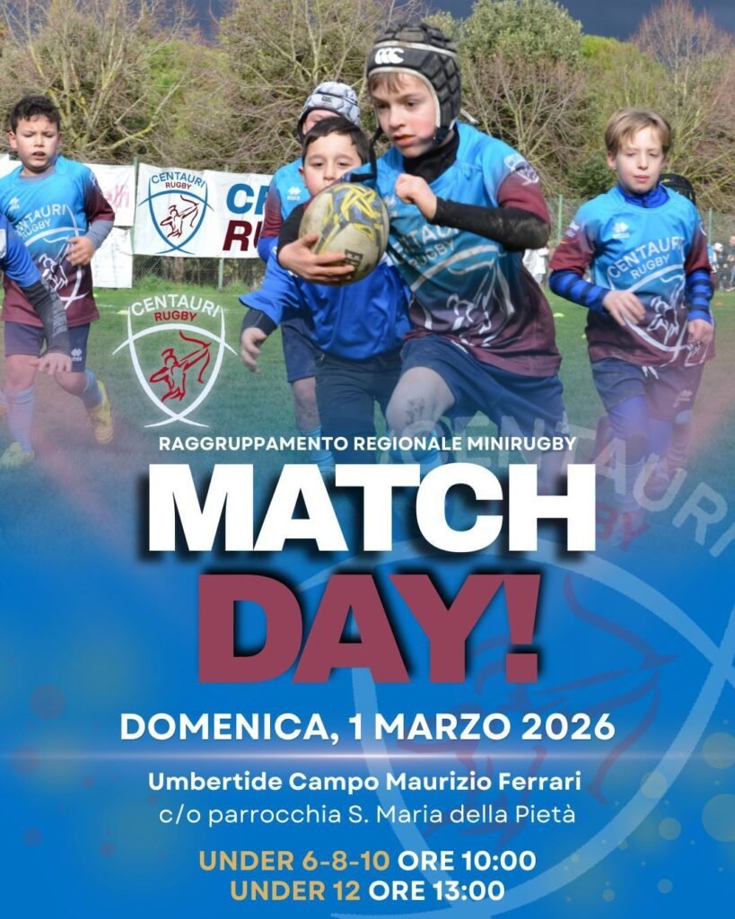 Bambini del Centauri Rugby in azione durante il raggruppamento regionale di minirugby al Campo Maurizio Ferrari di Umbertide, 1° marzo 2026